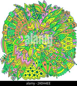 Floral mandala with flowers and leaves. Doodle line art multicolor illustration. Abstract detailed trippy pattern. Psychedelic art. Vector artwork Stock Vector