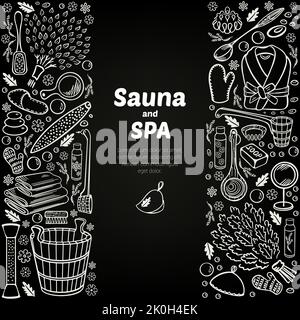 Sauna, spa and bath amenities. Sketch of items in doodle style. Decorated two sides vertically with space for text. On a white background. Vector illu Stock Vector