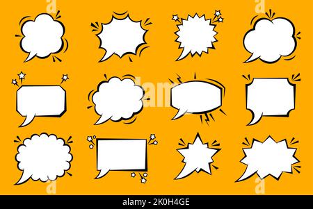 Pop art speech bubble set. Comic text message balloon. Cartoon boom burst wow effect empty frame. Fun sketch shapes speak cloud banner. Blank social media dialog template. Web chat comment sign icons Stock Vector