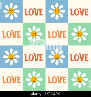 Plaid pattern with daisies and letters. Vintage colors in 1970 retro style. Stock Vector
