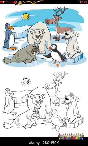 Cartoon illustration of polar animals comic characters group coloring page Stock Vector