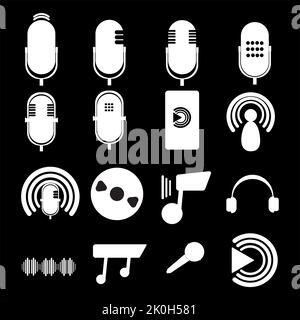 Set of podcasting elements, icons. Nice collection for Podcast Day, Radio Day or any more purposes. Vector illustration in black and white. Stock Vector