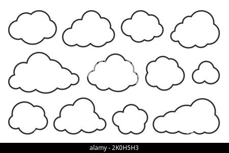Cloud thin line icons set. Outline vector sign. Linear symbol of weather or database, network, internet storage. Logo design template. Overcast, cleen cloudy sky graphic element collection Stock Vector