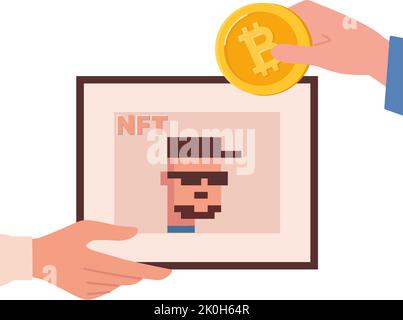 Sale of paintings for cryptocurrency, NFT auction. Non-fungible NFT tokens are bought with bitcoin. Buyers hands and pixel art. Vector flat illustration isolated on white background Stock Vector