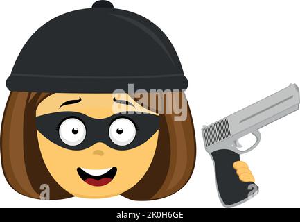 Vector emoji illustration of a yellow cartoon female thief, wearing a hat, mask and holding a gun Stock Vector