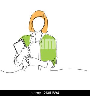 Continuous one line drawing of a woman teacher carrying books. Vector illustration Stock Vector