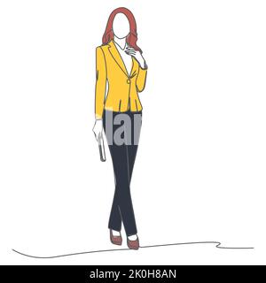 A young businesswoman standing and carrying  a wallet. full length portrait isolated on white background. Simple Flat colored Continuous line drawing Stock Vector