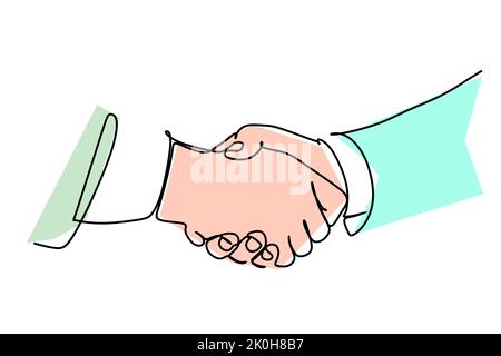Two businessmen shaking hands. Continuous one line drawing illustration vector. Simple flat colored hand drawing design style for business and finance Stock Vector
