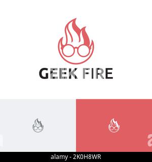 Geek Fire Nerd Flame Head Glasses Smart Education Logo Stock Vector
