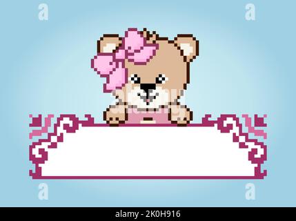 Pixel 8 bit brown bear with speech bubble. Animal game assets in vector illustration. Stock Vector