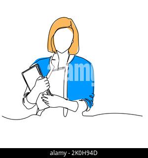 Continuous one line drawing of a woman teacher carrying books. Vector illustration Stock Vector