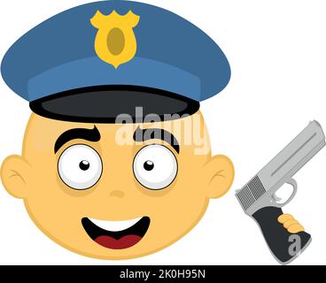 Vector emoji illustration of a cartoon yellow policeman with a hat and a gun in his hand Stock Vector