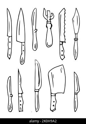 Kitchen knives for various purposes. Set of elements. Cooking appliances. Outline hand drawn sketch. Drawing with ink. Isolated on white background Stock Vector