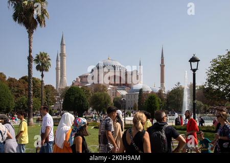 Istanbul,Turkey - 08-28-2022:View of Sultanahmet Square with Hagia Sophia mosque Stock Photo