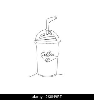 Frappuccino coffee in a plastic cup with straw. Continuous single line drawing vector illustration hand drawn style design for food and beverages draw Stock Vector