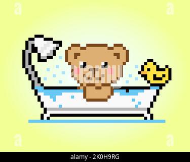 Pixel 8 bit cute bear bathing with rubber duck. Animal game assets in vector illustration. Stock Vector