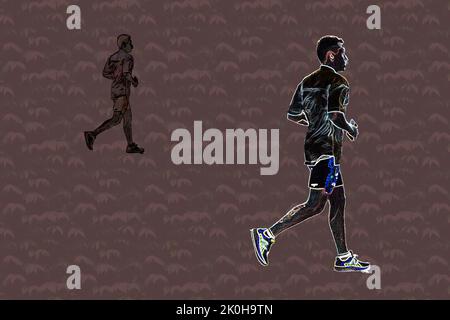 Illustration of two runners jogging over abstract nature background.. Stock Photo