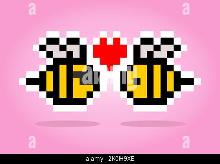 Pixel 8 bit bees are in love. Animal game assets in vector illustration. Stock Vector