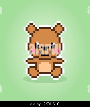 Pixel 8 bit brown bear sitting. Animal game assets in vector illustration. Stock Vector
