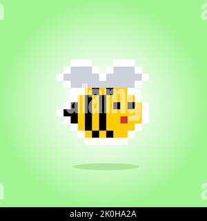 Pixel 8 bit bee. Animal game assets in vector illustration. Stock Vector