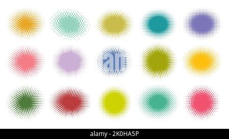Halftone comic gradient pattern set. Dotted spots using half tone circle star hexagon dots raster texture. Pop art spotted figures. Shadow blot round shapes. Abstract dot spray gradation effect Stock Vector