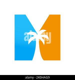 Letter M Palm Tree Logo Design Concept For Travel Beach Landscape Icon Vector Template Stock Vector