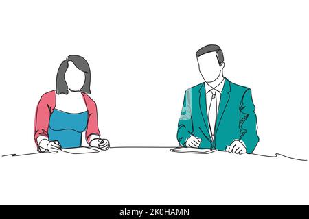 Two news anchors presenting the news. Simple Flat Colored Continuous single line drawing for News and Business Concept. Stock Vector