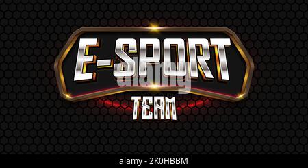 3d e-sports team logo text effect with gold emblem and dark hexagonal background Stock Vector