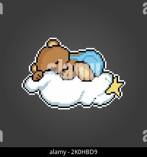 Pixel 8 bit brown bear sleeping above the clouds. Animal game assets in vector illustration. Stock Vector