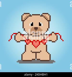 Pixel 8 bit cute bear holding heart hanger. Animal game assets in vector illustration. Stock Vector