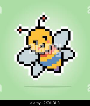 Pixel 8 bit bee. Animal game assets in vector illustration. Stock Vector