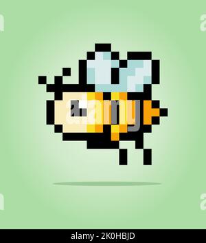 Pixel 8 bit bee. Animal game assets in vector illustration. Stock Vector