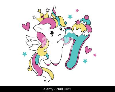 Cute unicorn collection in kawaii style with number seven. Happy birthday concept for one month or one year.  Vector illustration with a character for Stock Vector