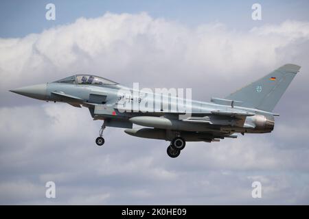 Fairford, UK, 14th July 2022, A German Eurofighter Typhoon arrives for the RIAT Royal International Air Tattoo, Stock Photo