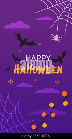text Happy Halloween on the background of the night cloudy starry sky with bats cobwebs and garland Stock Vector