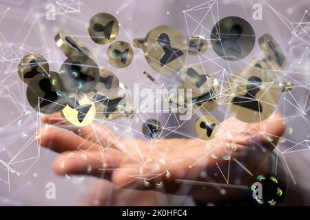 A group of 3D rendered profile icons hovering over a man's hand Stock Photo