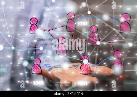 A group of 3D rendered profile icons hovering over a man's hand Stock Photo