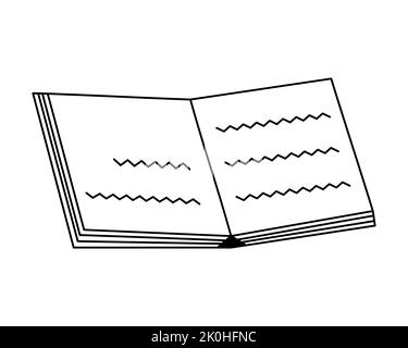A notebook. View from above. Sketch. Vector illustration. Opened notebook for notes with inscriptions on the sheets. Coloring book for children. Stock Vector