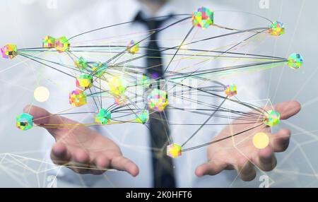 A closeup of a businessman holding 3d futuristic cyberspace -artificial inteligence concept Stock Photo
