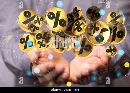 A businessman presenting a 3D rendered hologram of a network with percent icons in a cyberspace Stock Photo