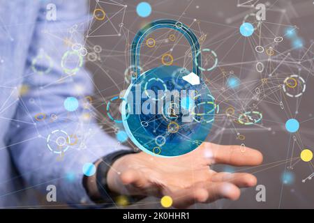 The 3d hologram of a lock hovering above the person's hand. Cyber security, password. Stock Photo
