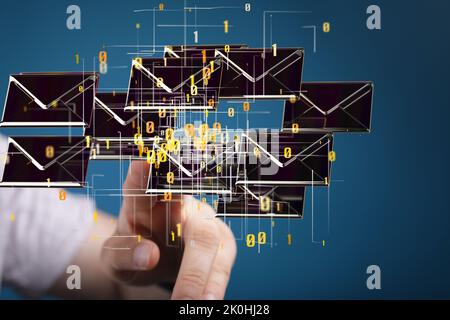 A finger pointing to 3d floating massage envelop icons - a concept of connection, networking Stock Photo