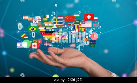 3d floating icons of countries' flags and binary code over a hand - a concept of global communication Stock Photo