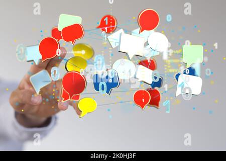 A finger pointing to 3d floating massage envelop icons - a concept of connection, networking Stock Photo