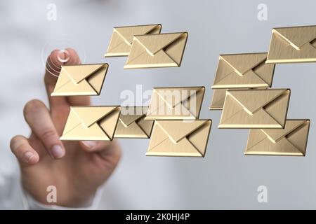 A finger pointing to 3d floating massage envelop icons - a concept of connection, networking Stock Photo