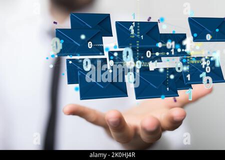 3d floating massage envelop icons over a hand- a concept of connection, networking Stock Photo