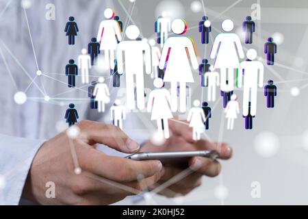 3d floating people icons coming out of a mobile screen - a concept of ...