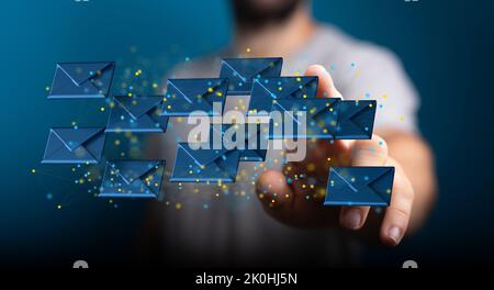 A finger pointing to 3d floating massage envelop icons - a concept of connection, networking Stock Photo