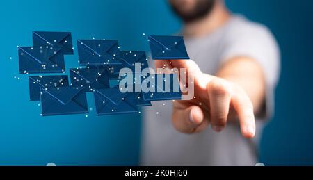 A finger pointing to 3d floating massage envelop icons - a concept of connection, networking Stock Photo