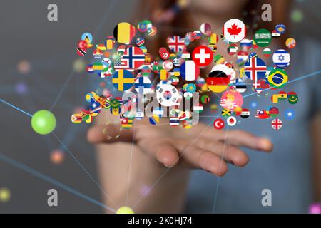 3d floating icons of countries' flags over a hand - a concept of global communication Stock Photo